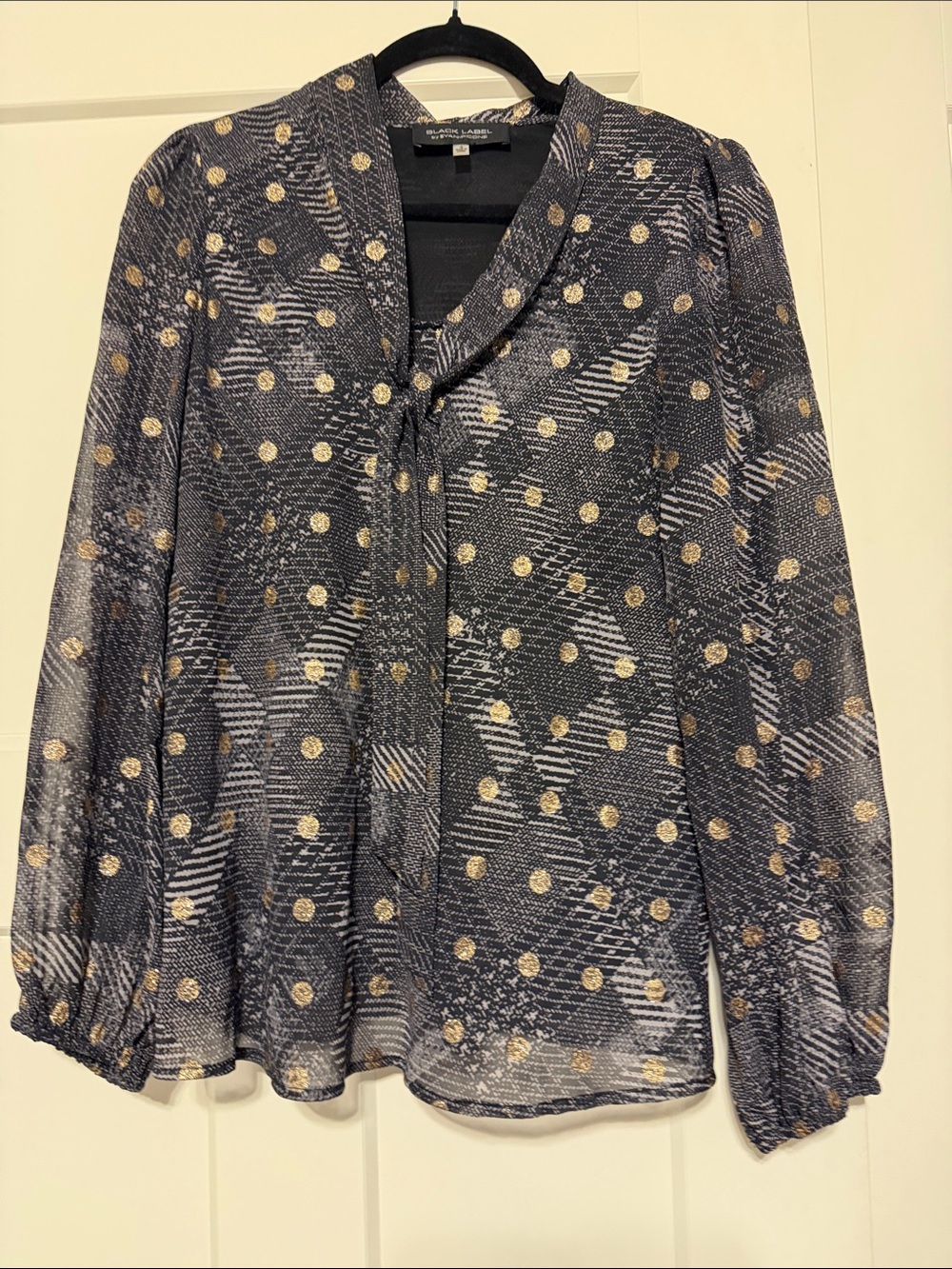 Evan Picone Navy Sheer Blouse with Gold Dot Tie